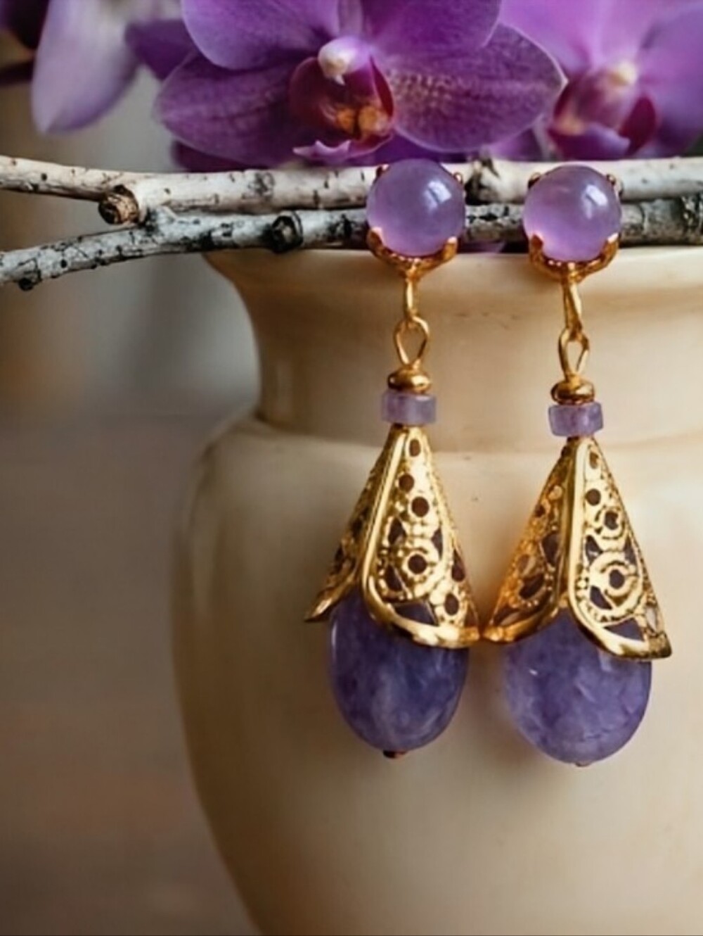 Genuine Lavender Jade Stones In Gold Plated Filigree Earrings